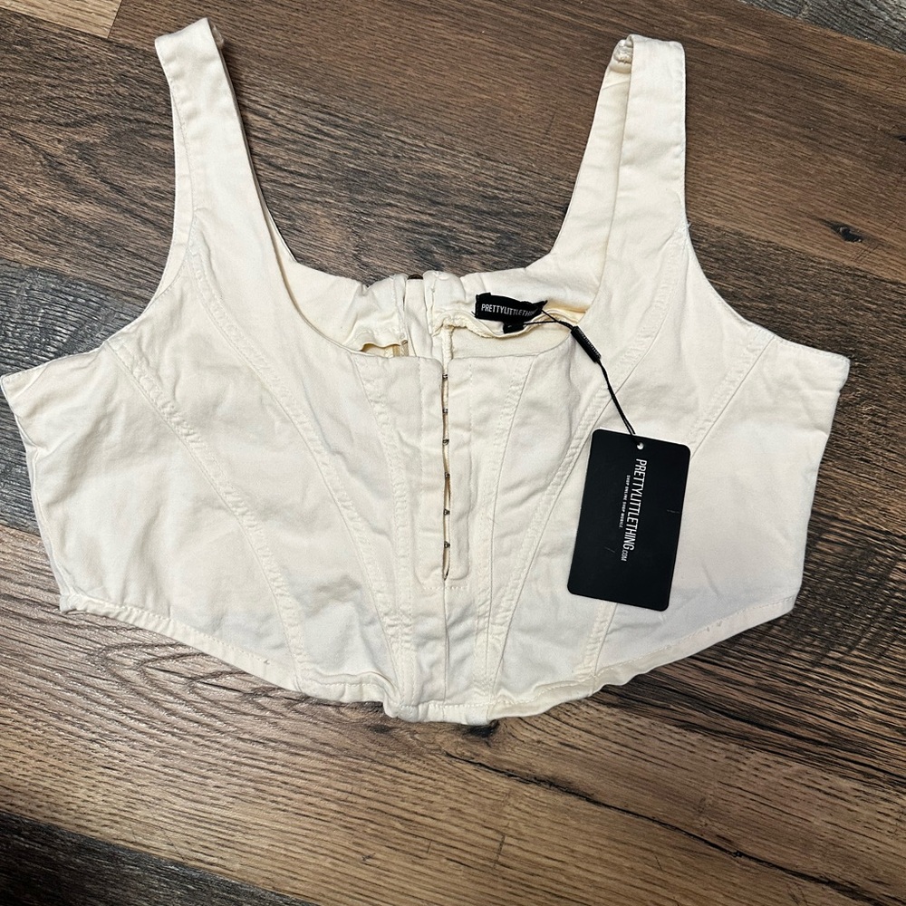 PrettyLittleThing Ecru Denim Hook & Eye Corset Crop Top